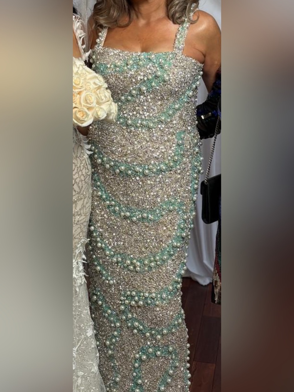 Beaded Sequin Maxi Dress with Mint Pearl Accents